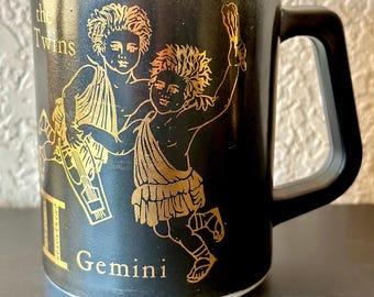 Vintage Federal Milk Glass Gemini Mug Black Gold Zodiac Coffee Cup 1960s Astrology