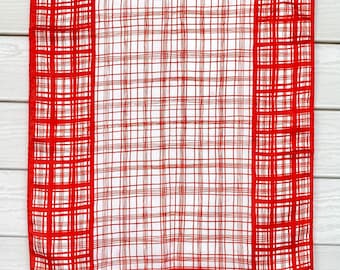 1960s Vera Neumann Red and White Checked Plaid Oblong Silk Scarf 43" x 14"