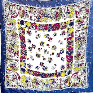 1940s Vivid and Colorful Crepe Rayon Novelty Print Scarf w/ European Street Scene Theme | 25&quot; Square