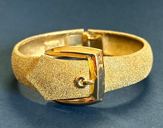 Vintage Crown Trifari Gold Buckle Clamper Bracele… - image 2