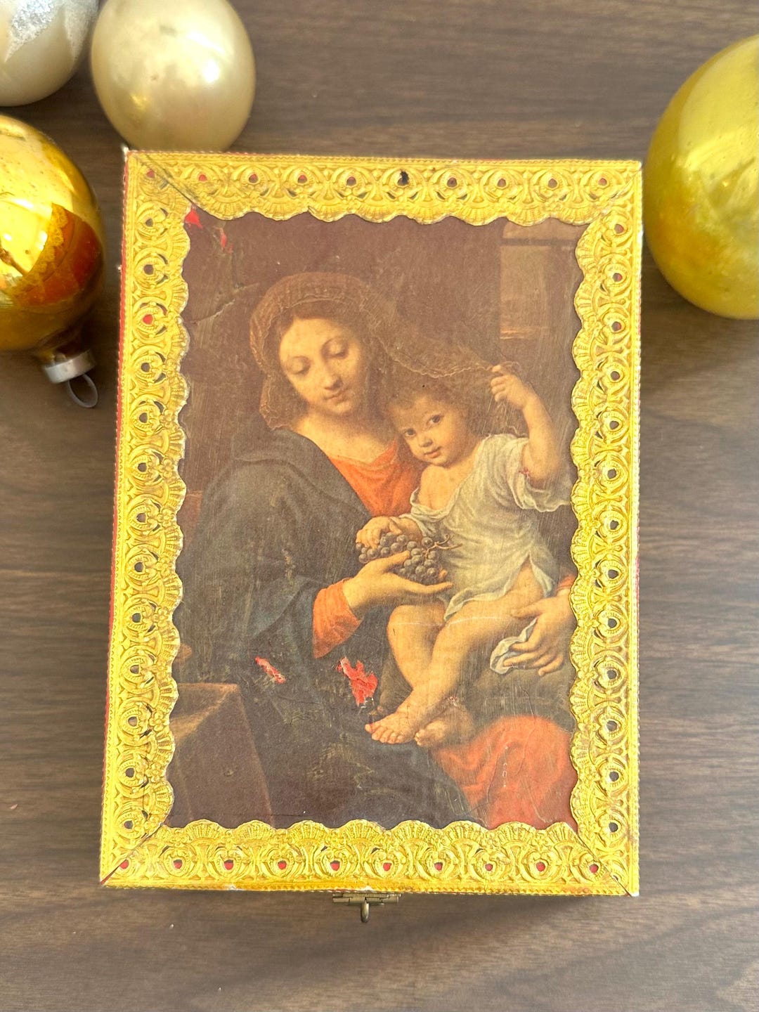 Vintage Florentine Wood Trinket Box – Gold Gilt Madonna & Child, Signed ...