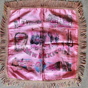 Vintage 1950s Pink Satin Souvenir Pillow Cover – New Mexico Attractions – Retro Travel Collectible – 16&quot; Square w/ Fringe