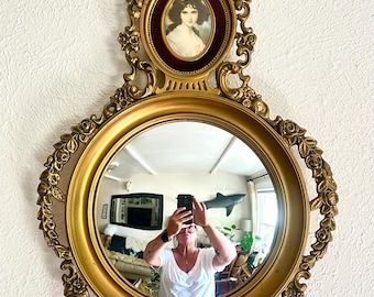 Vintage Cameo Creations Convex Mirror with "Hubak Lady" Portrait Crest — Rococo Gilt Resin Frame | Victorian Lady Portrait