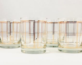 Set of 4 George Briard Mid-Century Double Old-Fashioned Glasses – 22K Gold Plaid Rock Glasses – Vintage MCM Barware
