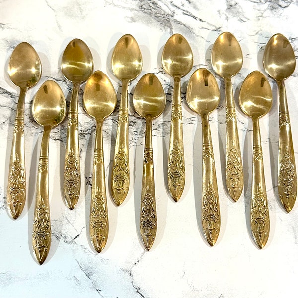 Vintage Demitasse Spoons Solid Bronze Thai Siam Buddha - Set of 11 | Mid-Century Bronzeware Flatware | MCM Gold Bronze Brass Buddha Handle