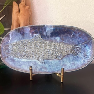 Signed Studio Pottery Fish Platter Vintage - Hand Carved Stoneware, Blue Glaze, Coastal Nautical Centerpiece Tray