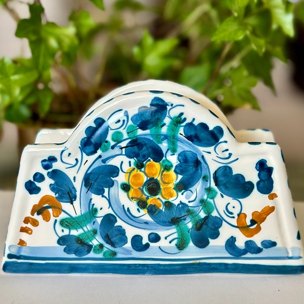 Vintage Caltagirone Ceramic Hand Painted Napkin Holder | Italian Art Pottery | Made in Sicily | Mail, Letter, Paper Holder | Blues & Greens