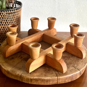 Vintage Scandinavian Wooden Candelabra – 8 Candle Holder | Interlocking Mid-Century Danish Modern Candlestick Centerpiece