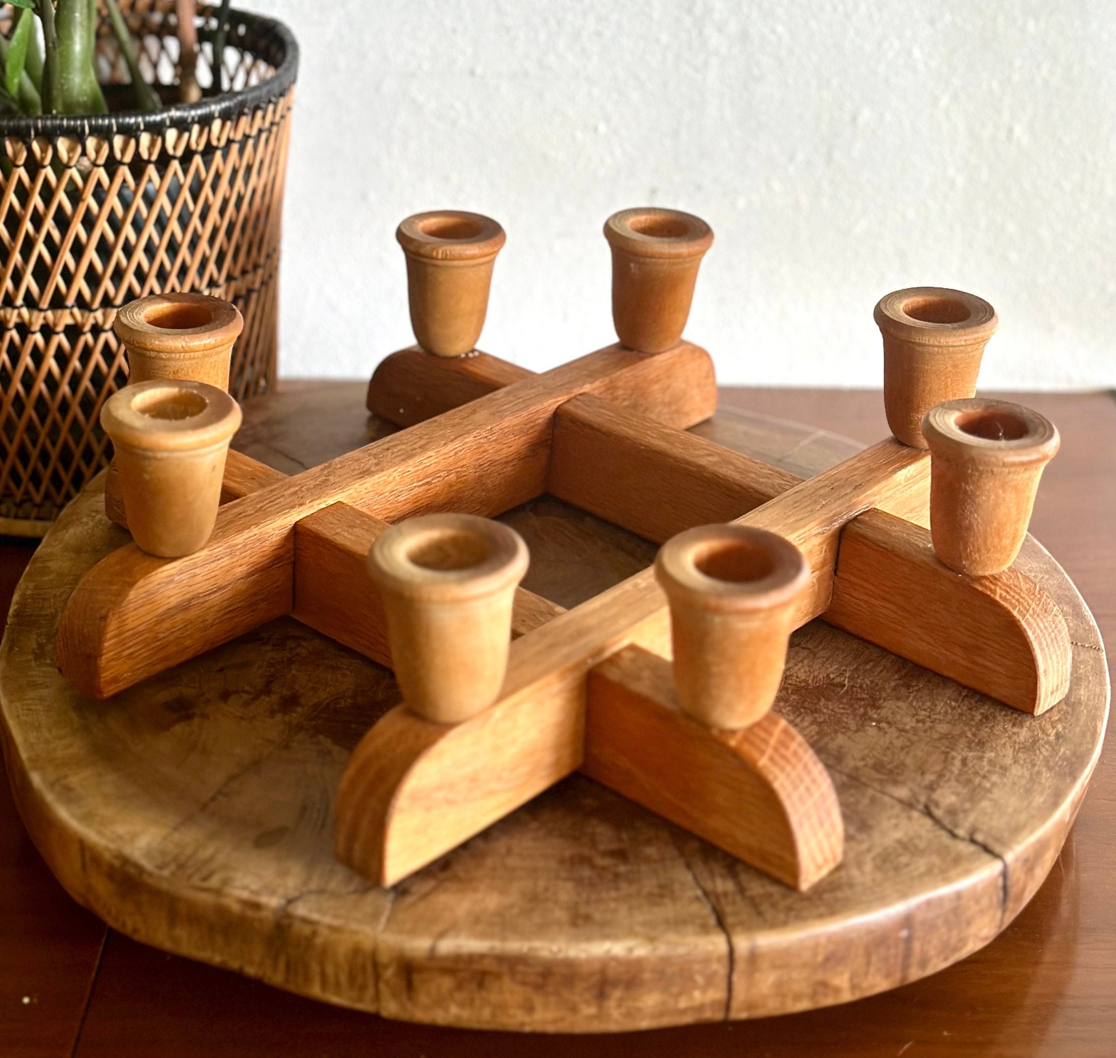 Vintage Scandinavian Wooden Candelabra – 8 Candle Holder | Interlocking Mid-Century Danish Modern Candlestick Centerpiece