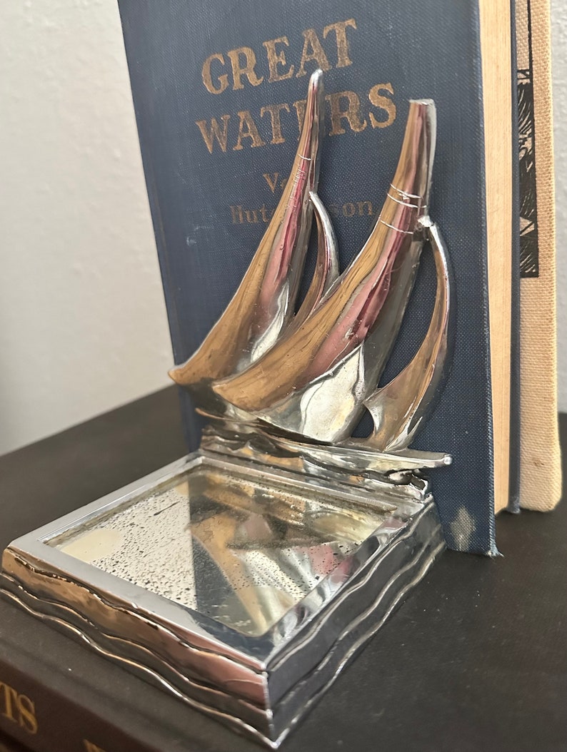 Vintage Chrome Sailboat Bookends With Mirrored Trinket Dish Base Silver Nautical, Sailing, Boat