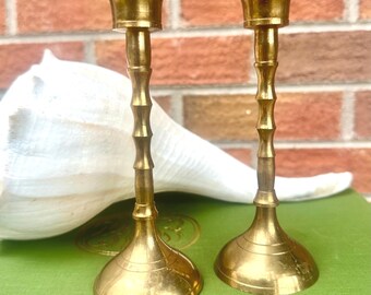 Vintage Solid Brass Candlestick Holders Pair - 6"