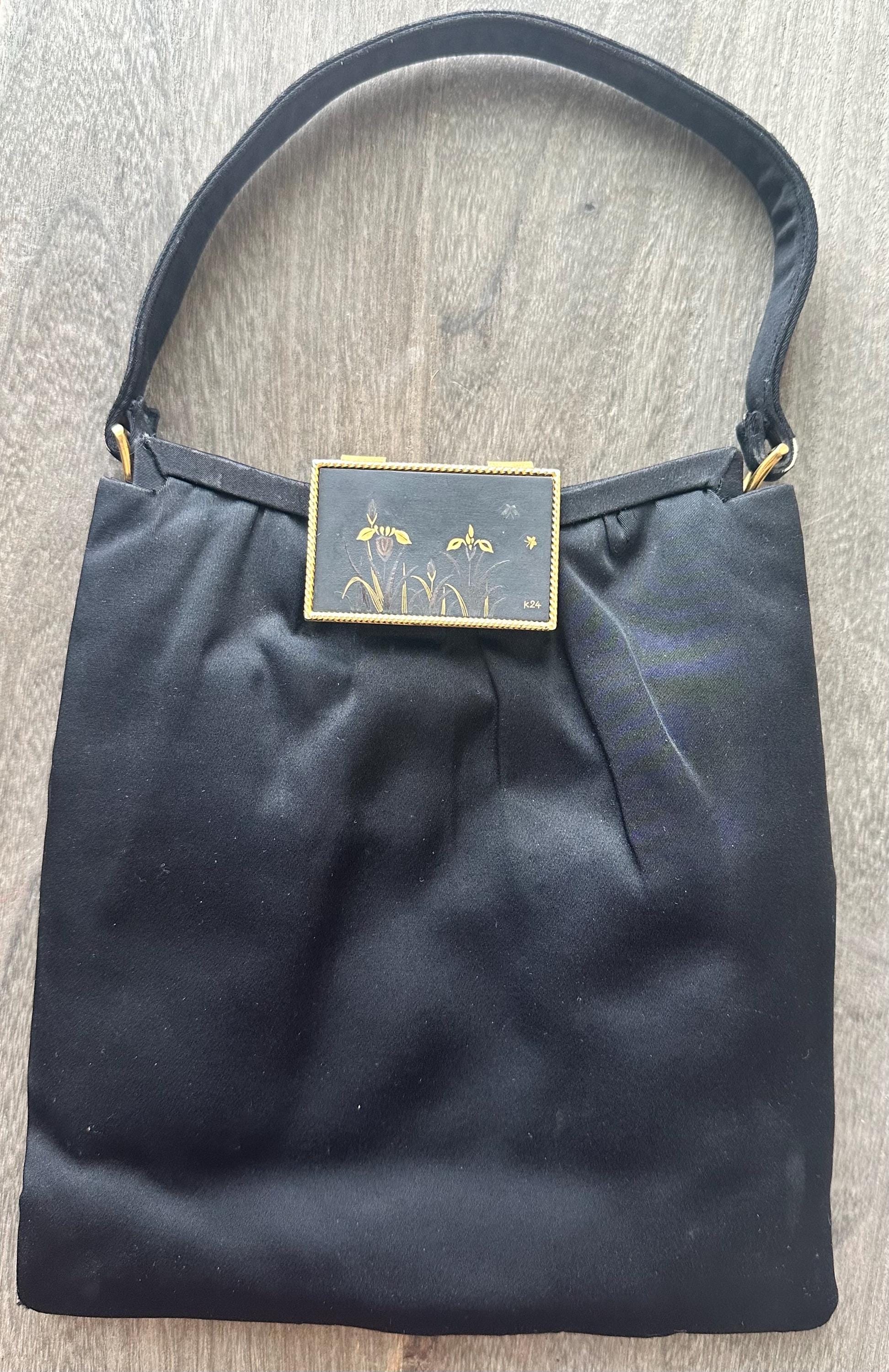 Vintage Harry Rosenfeld black leather shoulder bag with Mother of Pearl clasp 1940s Harry Rosenfeld Vintage Beaded Triple Entry Evening  main image 3