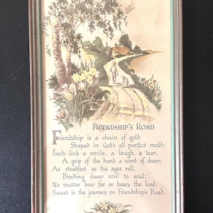 May include: Framed vintage print titled "Friendship's Road" with a pastoral scene of a child and dog on a path. The print features a poem about friendship, with a brown frame and a light green inner border.