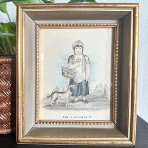 Antique 1812 Hand-Colored Engraving "All A Blowing" – S&J Fuller London Cries Print – Girl with Flowers and Dog, Gold Gilt Wood Frame