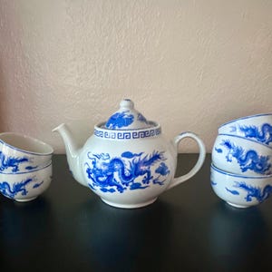 Vintage Blue Dragon Teapot Tea Set – Chinoiserie Fine China, 5 Cups