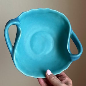 Mid-Century Van Briggle Pottery Handled Bowl, Colorado Springs, Matte Ming Turquoise Glaze, Circa 1950s