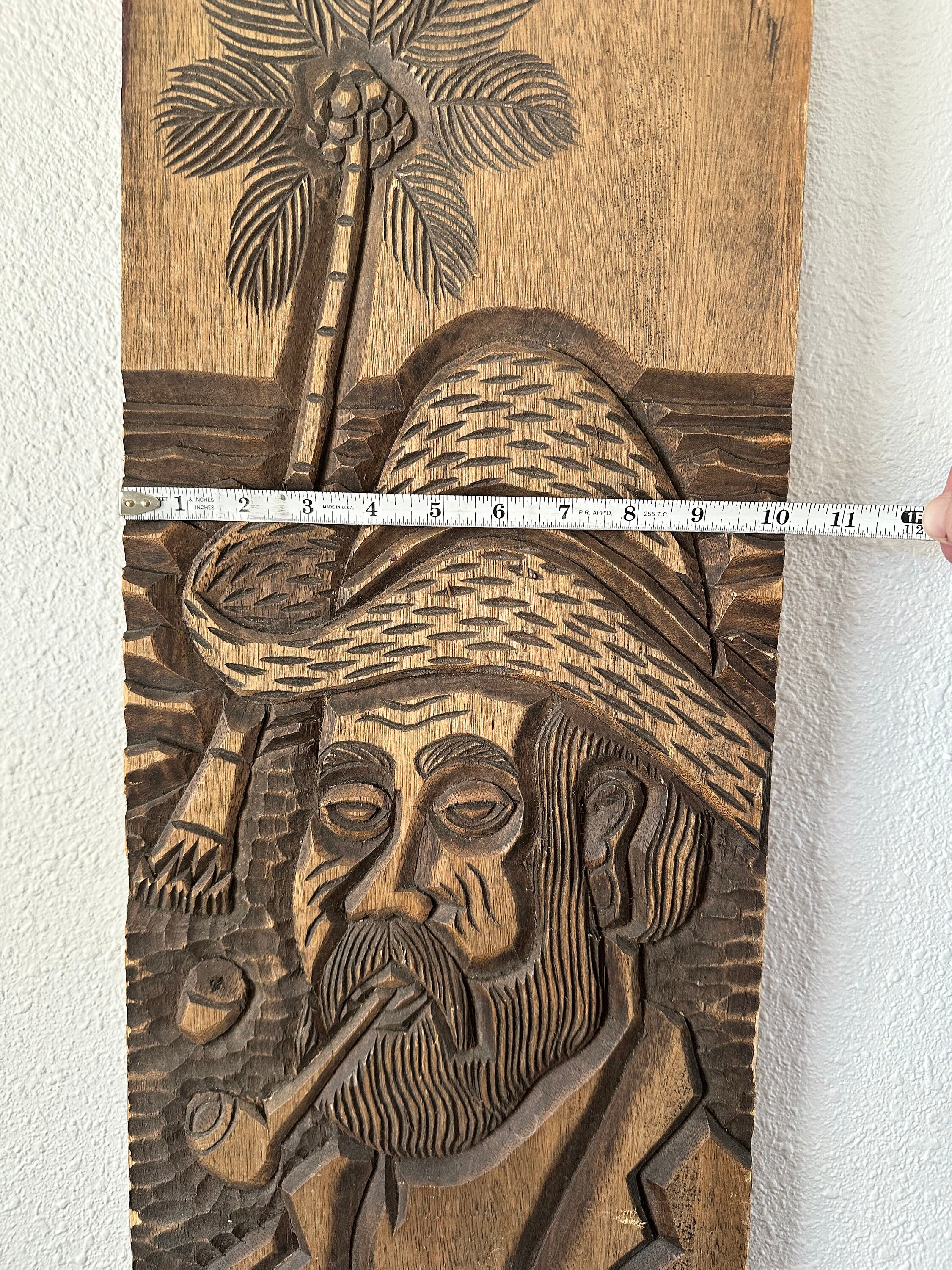 Hand Carved Vintage Folk Art Wood Panel, Man W/ Pipe and Coconut Tree ...
