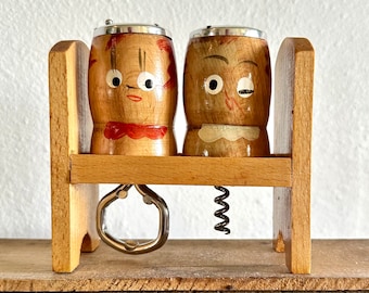 vintage 1950s, pair of kitsch wooden salt & pepper shakers bar tools, corkscrew, bottle opener w/ stand | anthropomorphic wood shakers