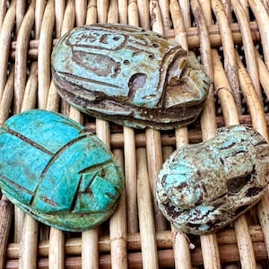 Egyptian Scarab Beads - Hand-Carved Soapstone - Ancient Egypt Hieroglyphic Symbols - 3 pcs- Made in Egypt, Ritual Scarab Beetle Beads