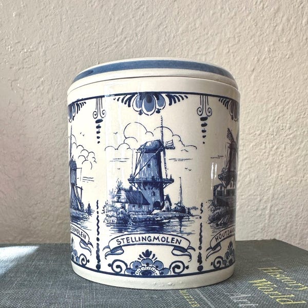 Vintage Dutch Delft Blue Windmill Canister — Hand-Painted Ceramic Stroopwafel Jar — Made in Netherlands — Blue & White Kitchen Decor