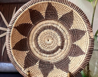 Vintage Handwoven African Basket Star Pattern | Boho Wall Basket | Woven Basket Bowl | Rustic Wall Decor 12"