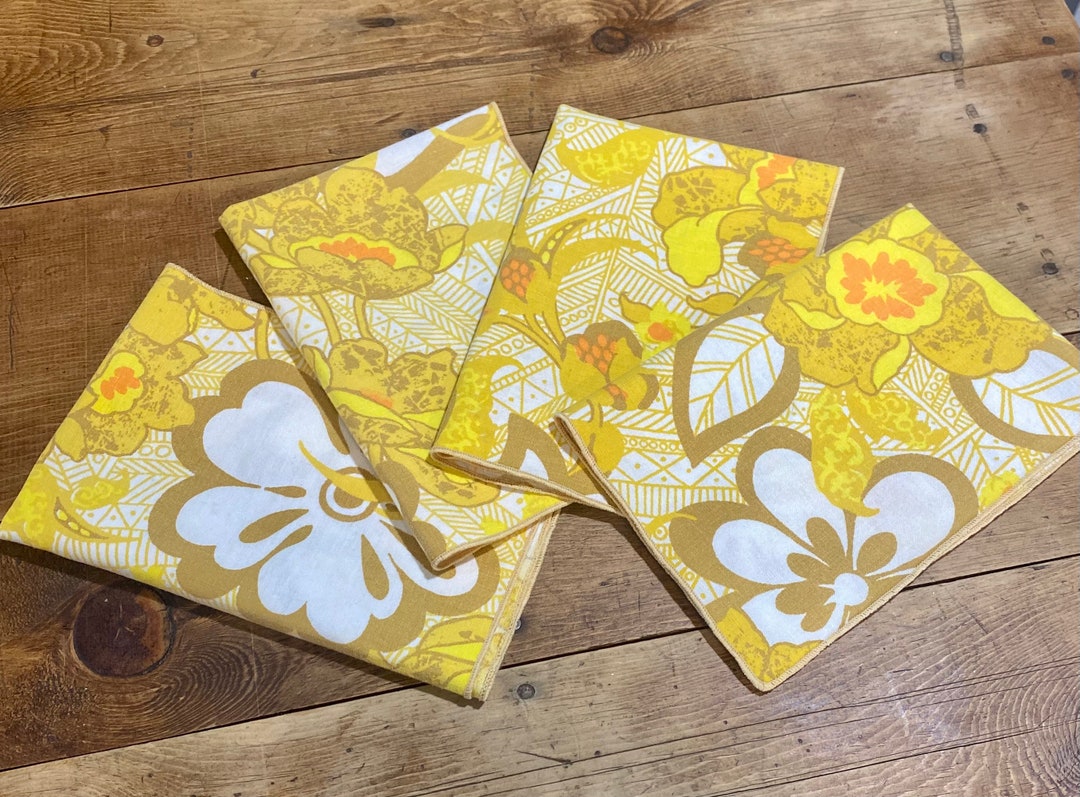 Vintage 1960s Retro Yellow Floral Cloth Napkins Tropical Flower Power