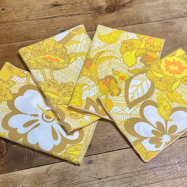 Vintage 1960s Retro Yellow Floral Cloth Napkins | Tropical Flower Power Table Linens | Set of 4 | Rectangle 11" x 17"