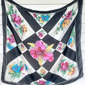 1950s Floral Silk Scarf – Black & White Diamonds with Bright Vibrant Flowers, Hand-Rolled Edges – 30&quot; x 33&quot;