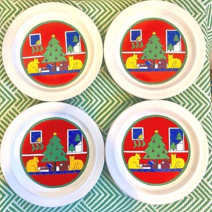 Vintage Houze Christmas Salad Plates (Set of 4) – 1985 Alan Wood Cats & Tree Design