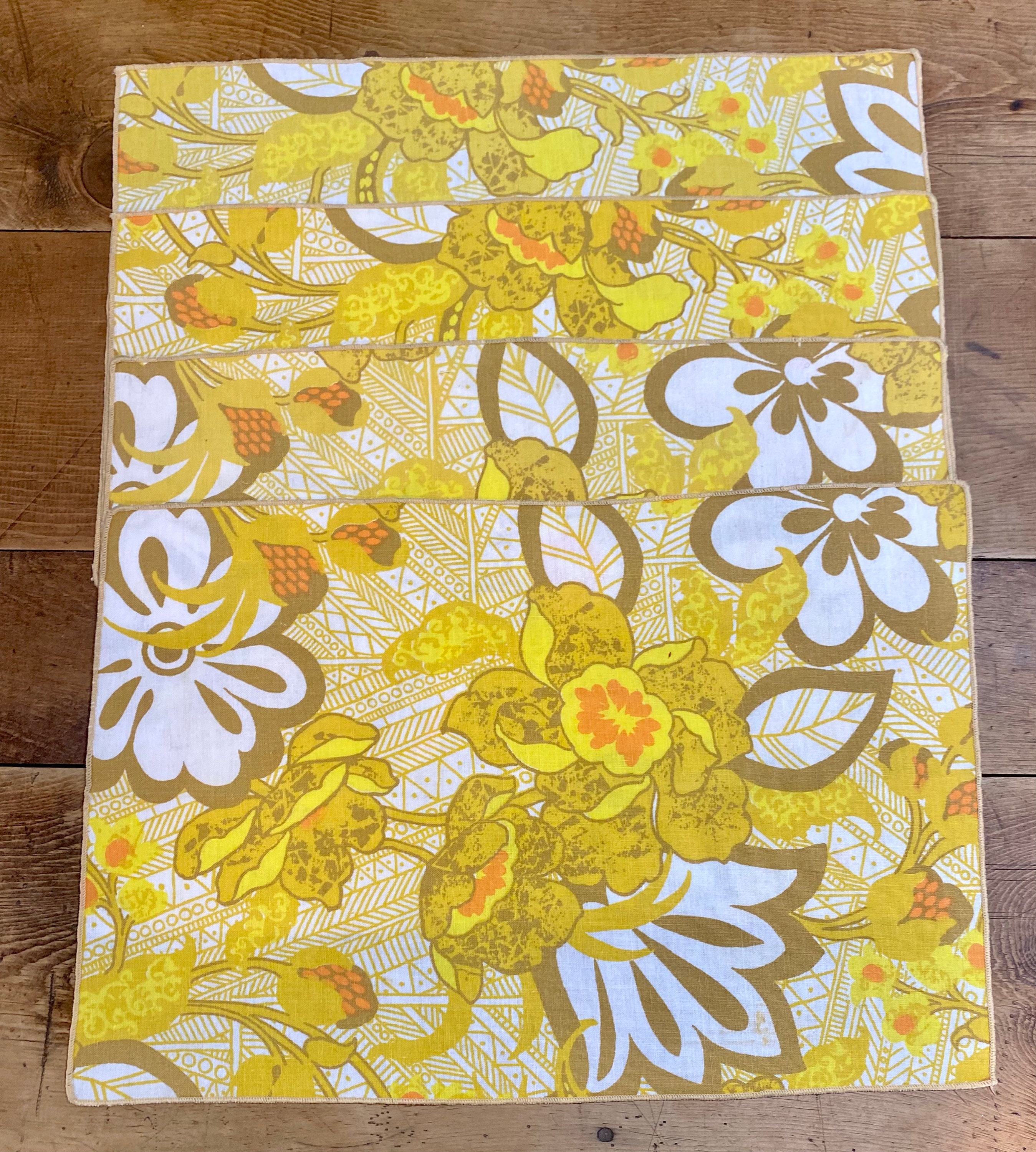 Vintage 1960s Retro Yellow Floral Cloth Napkins Tropical Flower Power