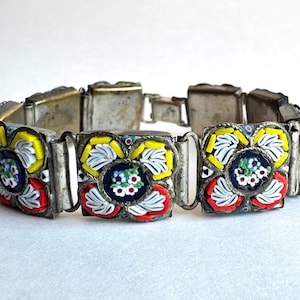 Vintage Italian Micro Mosaic Bracelet – 1940s/1950s – Handmade Glass Tile Jewelry – Floral Micro Mosaic Tiles – Italy