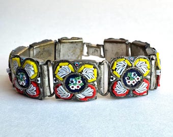 Vintage Italian Micro Mosaic Bracelet – 1940s–1950s Floral Glass Tile Jewelry