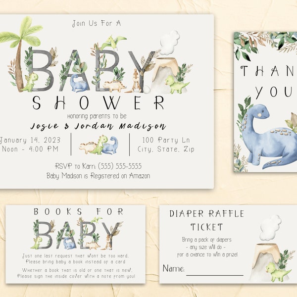 Modern Dinosaur Themed Baby Shower Template Bundle, Editable Printable Instant Download Invitation, Books for Baby, Diaper Raffle Ticket