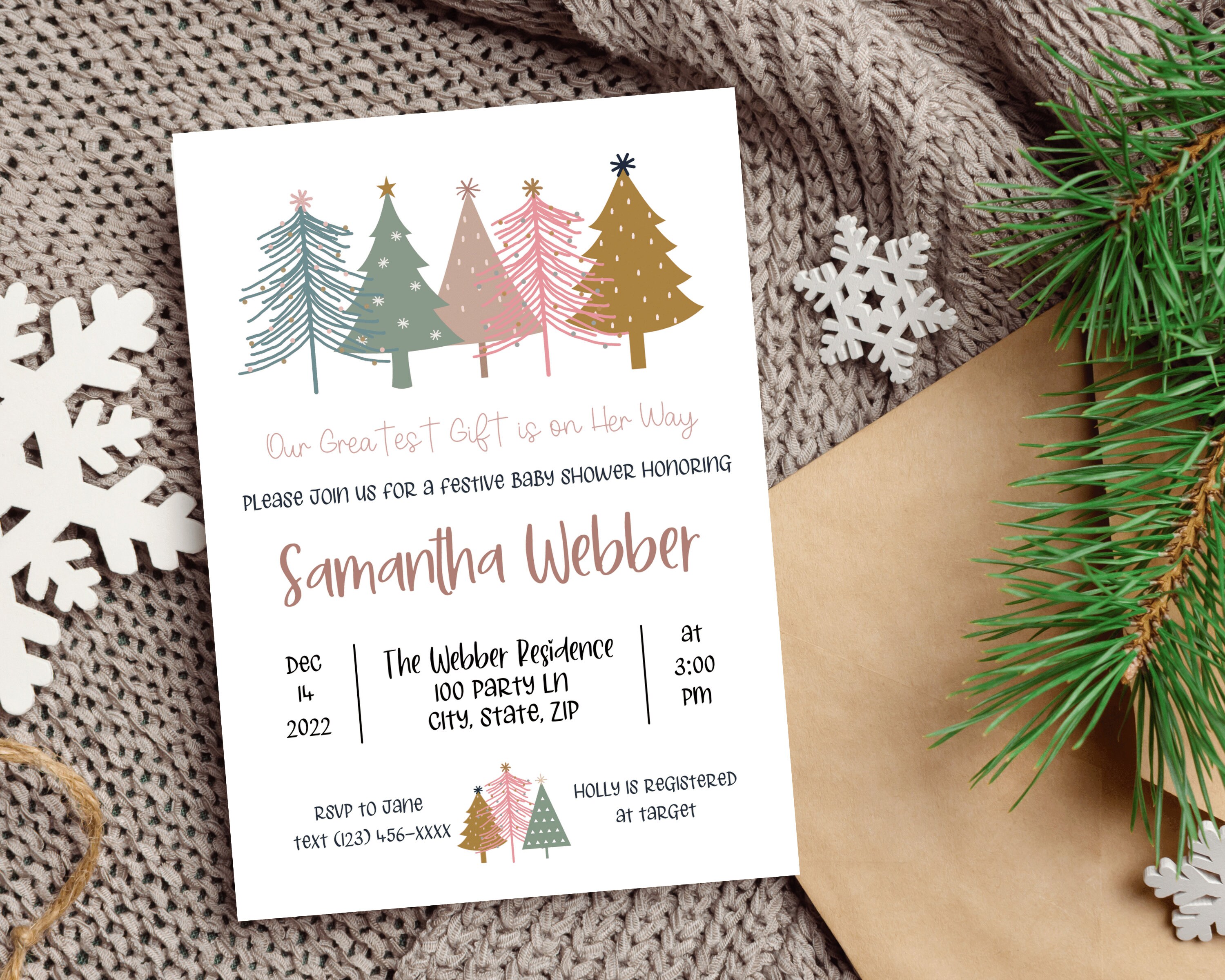 Christmas Holiday Themed Baby Shower Invitation Template