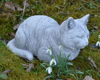 CAT STATUE. Memorial Headstone, Sleeping Cat Statue, Cat Garden Figure, Stone Cat, Handcrafted in U.K, cat memorial stone, Lying stone cat.