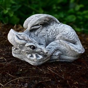 Cute laying dragon statue Realistic winged creature Outdoor dragon sculpture Stone dragon ornament Cement dragon decor Mythical garden gift