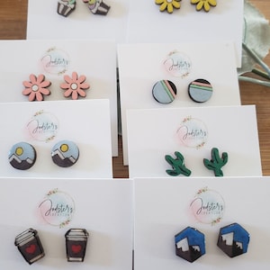 Handpainted Stud Earrings, wooden stud earrings, post earrings, stud earrings