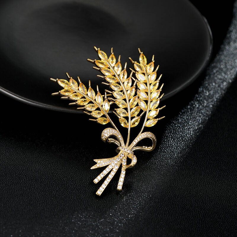 Wheat Brooches Pin for Women Unisex Rhinestone Yellow Pearl Grain