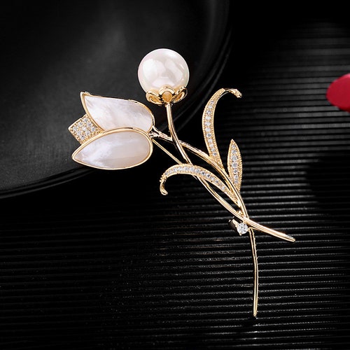 Pearl Rose Flower Brooch White Gold Plated Floral Pin - Etsy