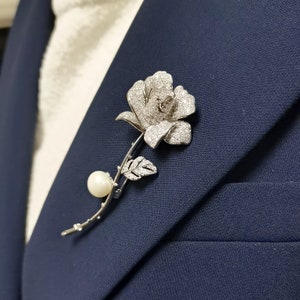 Pearl Rose Flower Brooch | White Gold Plated | Floral Pin | Wedding Brooch | Delicate Brooch | Unisex Men's Accessory | Anniversary Gift