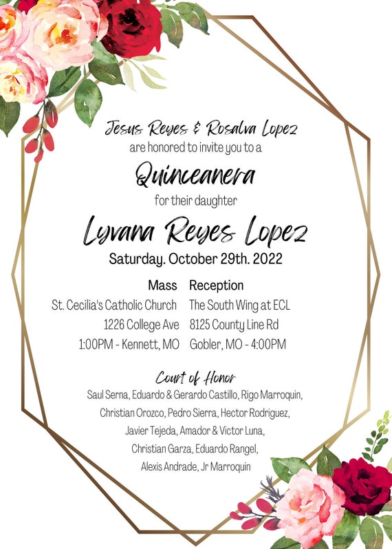 Custom Quinceanera Invitations Gold and Floral Theme Etsy