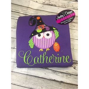 Girls Halloween owl with witch hat and broom shirt or bodysuit! Can be personalized!