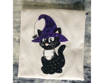 ¡Gatito de Halloween para niñas con una camisa o un mono con sombrero de brujas! ¡Se puede personalizar!