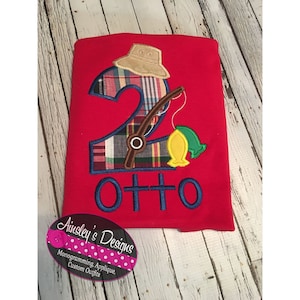 Fishing theme birthday shirt or bodysuit! Number or letter! With fishing hat, pole, and cute little fish! Can be personalized!