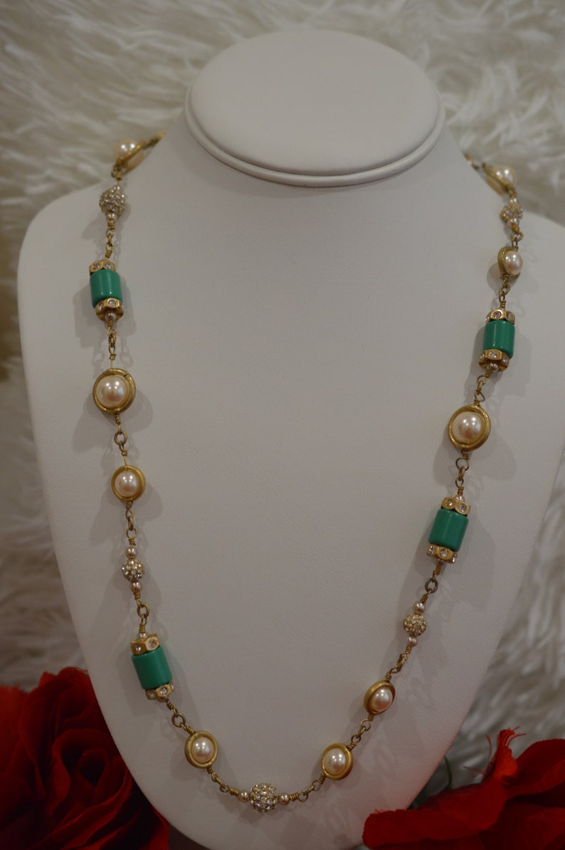 Vintage C.J CREWS Signed PEARL CRYSTAL Beaded Necklace Gold - Etsy