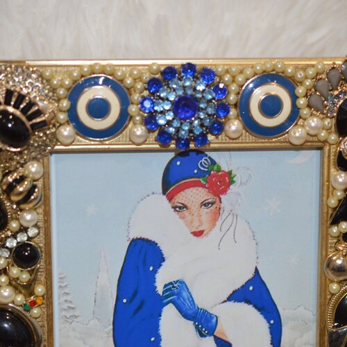 JEWELED JEWELRY DECORATED Rhinestone Embellished Art Picture Frame, shops Black and Gold