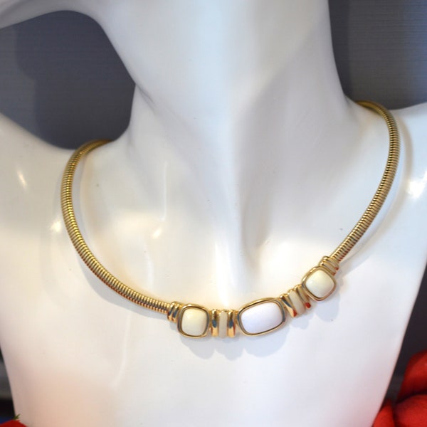 TRIFARI VINTAGE Gold Tone White Cabachon  16" Necklace, signed