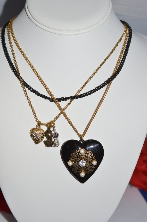 Vintage JUICY COUTURE ART Deco Black and Gold Multi Chain Rhinestone Pearl  Heart Necklace 