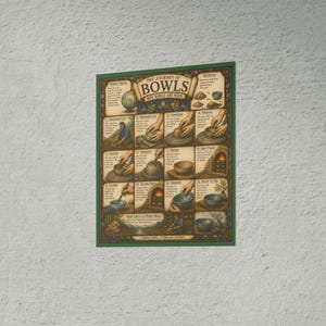 May include: A rectangular wall poster titled The Journey of Bowls, featuring a grid of twelve illustrated steps detailing the pottery process from raw clay to a finished bowl, set against a dark background with a thin green border.