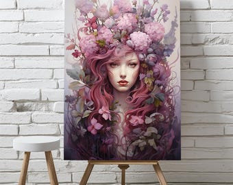 Floral Crown Woman Digital Wall Art, Fantasy Girl Portrait Print, Pink Hair Art, Flower Goddess Art, Feminine Art Print, Whimsical Woman